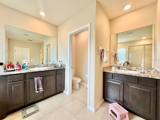 Bathroom, Dual Sink Vanities, Glass Shower, Interior, Recessed Lighting
