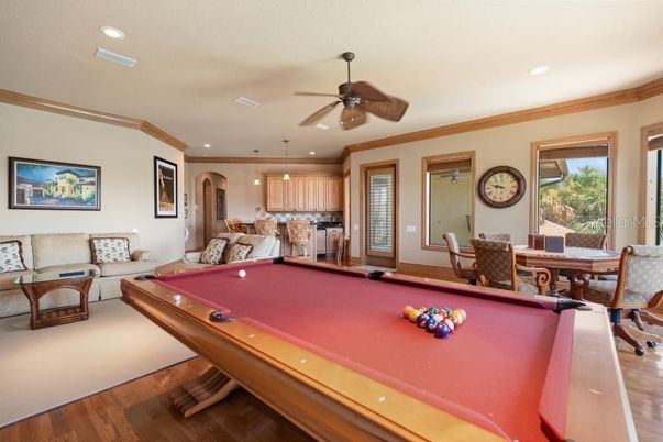 Billiard Table, Dining room, Game Room, Interior, Pendant Lights, Recessed Lighting, Wood Texture Flooring