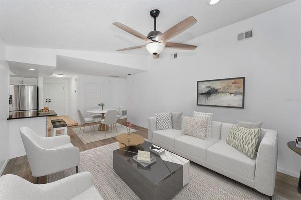 Dining room, Interior, Kitchen, Living room, Recessed Lighting, Stainless Steel Appliances, Wood Texture Flooring