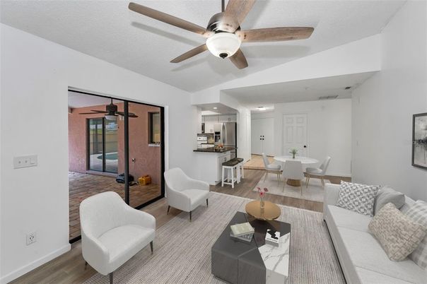 Dining room, Interior, Kitchen, Living room, Recessed Lighting, Wood Texture Flooring