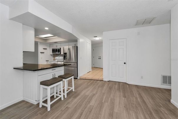 Interior, Kitchen, Recessed Lighting, Stainless Steel Appliances, Wood Texture Flooring