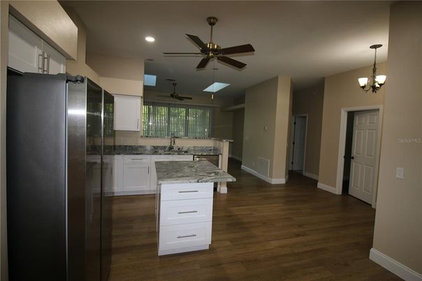 Chandelier, Interior, Kitchen, Pendant Lights, Recessed Lighting, Wood Texture Flooring
