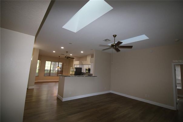 Empty room, Interior, Kitchen, Pendant Lights, Recessed Lighting, Wood Texture Flooring