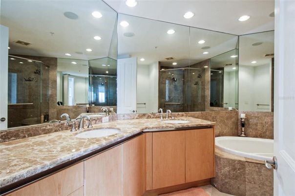 Bathroom, Dual Sink Vanities, Glass Shower, Interior, Recessed Lighting