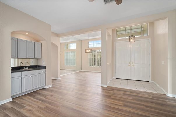 Interior, Kitchen, Pendant Lights, Recessed Lighting, Wood Texture Flooring