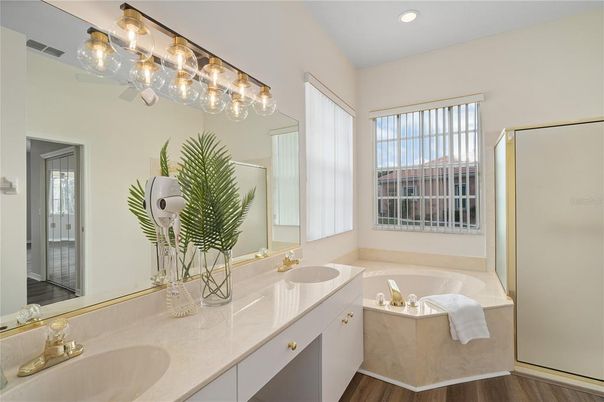 Bathroom, Dual Sink Vanities, Interior, Recessed Lighting, Wood Texture Flooring