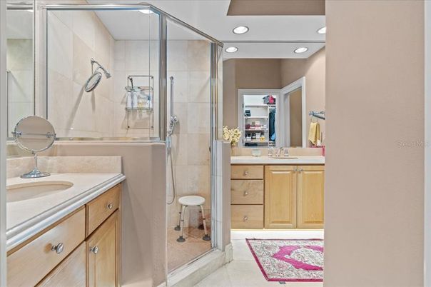 Bathroom, Dual Sink Vanities, Glass Shower, Interior, Recessed Lighting
