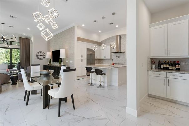 Dining room, Interior, Kitchen, Marble, Pendant Lights, Recessed Lighting, Stainless Steel Appliances