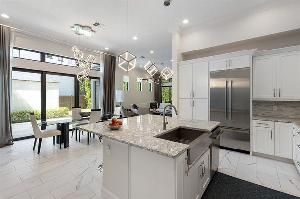 Dining room, Interior, Kitchen, Marble, Pendant Lights, Recessed Lighting, Stainless Steel Appliances