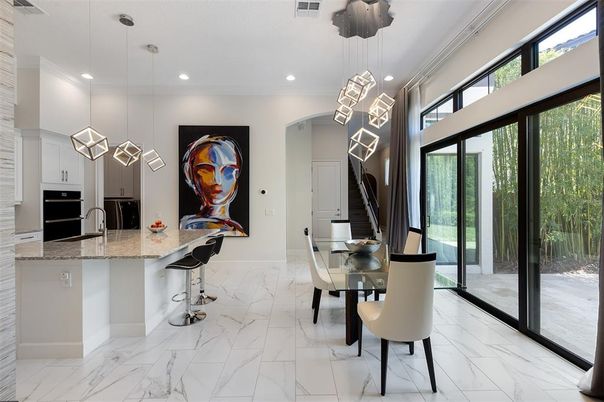 Dining room, Interior, Kitchen, Marble, Pendant Lights, Recessed Lighting