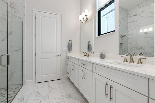 Bathroom, Dual Sink Vanities, Glass Shower, Interior, Marble, Marble Walls