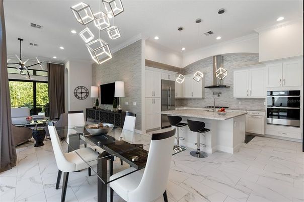 Dining room, Interior, Kitchen, Marble, Pendant Lights, Recessed Lighting, Stainless Steel Appliances