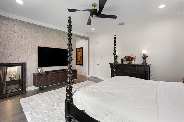Bedroom, Interior, Recessed Lighting, Wood Texture Flooring