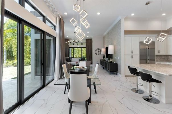Dining room, Interior, Kitchen, Marble, Pendant Lights, Recessed Lighting, Stainless Steel Appliances