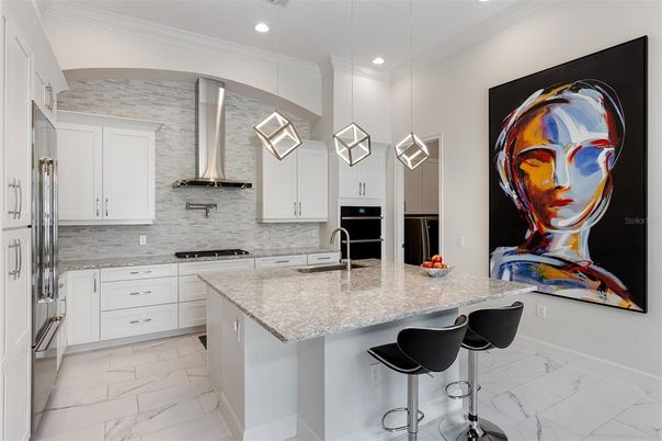 Interior, Kitchen, Marble, Pendant Lights, Recessed Lighting, Stainless Steel Appliances