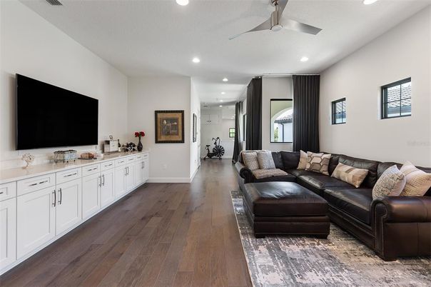 Interior, Living room, Recessed Lighting, Wood Texture Flooring