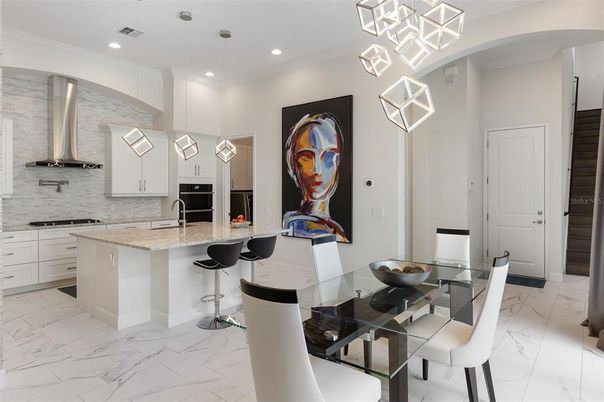 Dining room, Interior, Kitchen, Marble, Pendant Lights, Recessed Lighting, Stainless Steel Appliances