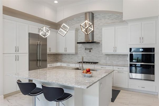 Interior, Kitchen, Marble, Pendant Lights, Recessed Lighting, Stainless Steel Appliances