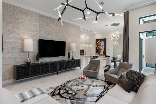 Dining room, Interior, Kitchen, Living room, Marble, Pendant Lights, Recessed Lighting, Stone Walls