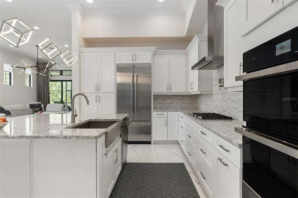 Interior, Kitchen, Marble, Pendant Lights, Recessed Lighting, Stainless Steel Appliances