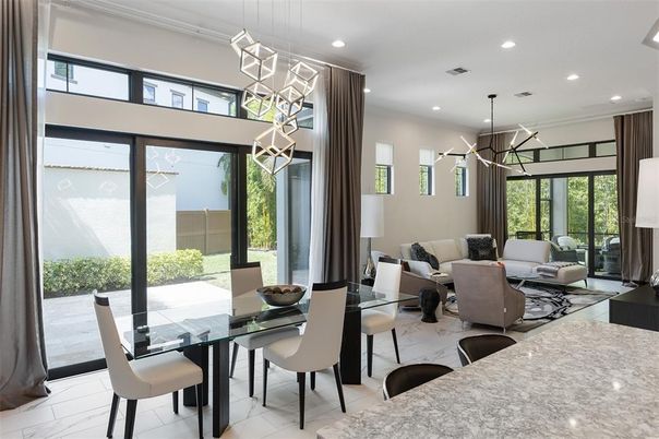 Dining room, Interior, Living room, Marble, Pendant Lights, Recessed Lighting