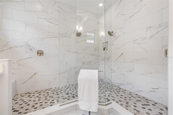 Bathroom, Glass Shower, Interior, Marble Walls, Recessed Lighting