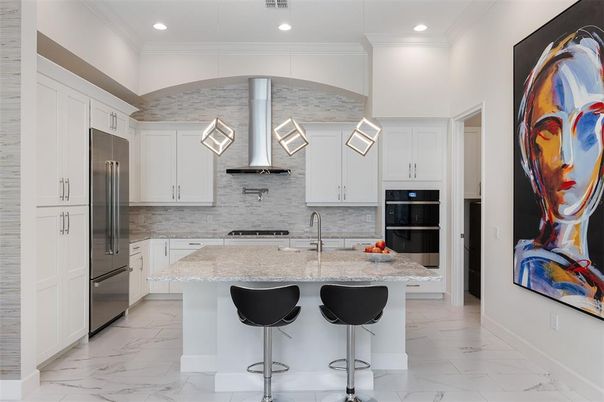 Interior, Kitchen, Marble, Recessed Lighting, Stainless Steel Appliances