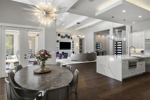 Dining room, Interior, Kitchen, Living room, Pendant Lights, Recessed Lighting, Stainless Steel Appliances, Wood Texture Flooring
