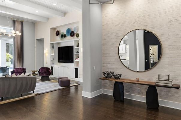 Interior, Living room, Pendant Lights, Recessed Lighting, Wood Texture Flooring