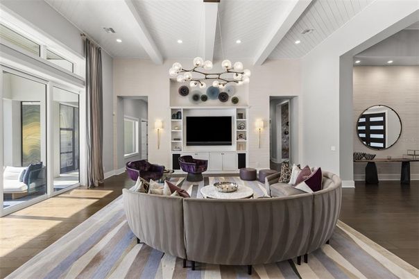 Interior, Living room, Pendant Lights, Recessed Lighting, Wood Texture Flooring