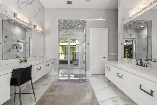 Bathroom, Dual Sink Vanities, Glass Shower, Interior, Marble, Marble Walls