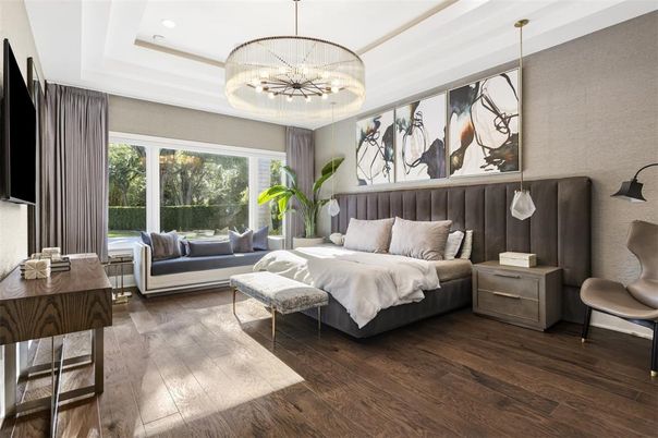 Bedroom, Interior, Pendant Lights, Recessed Lighting, Wood Texture Flooring