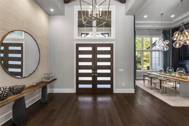 Dining room, Interior, Pendant Lights, Recessed Lighting, Wooden Beams, Wood Texture Flooring