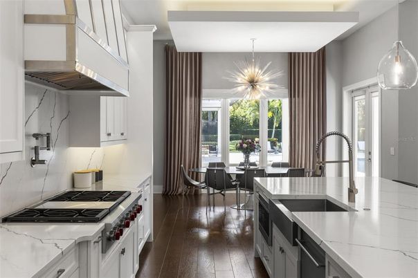 Dining room, Interior, Kitchen, Pendant Lights, Stainless Steel Appliances, Wood Texture Flooring
