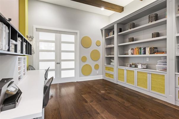 Home Office, Interior, Recessed Lighting, Wooden Beams, Wood Texture Flooring