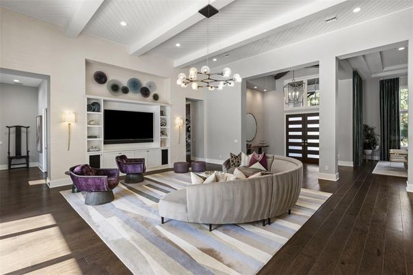 Interior, Living room, Pendant Lights, Recessed Lighting, Wood Texture Flooring