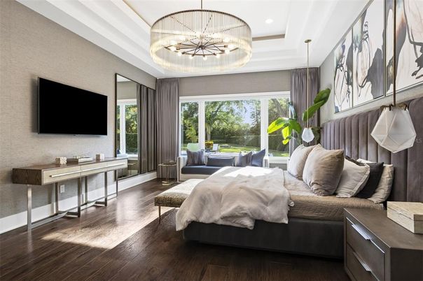 Bedroom, Interior, Pendant Lights, Recessed Lighting, Wood Texture Flooring