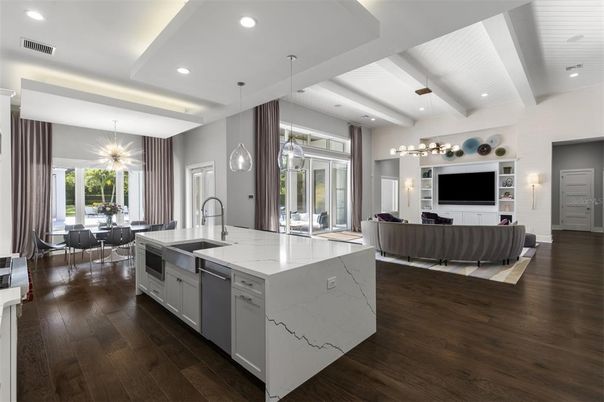 Dining room, Interior, Kitchen, Living room, Pendant Lights, Recessed Lighting, Stainless Steel Appliances, Wood Texture Flooring