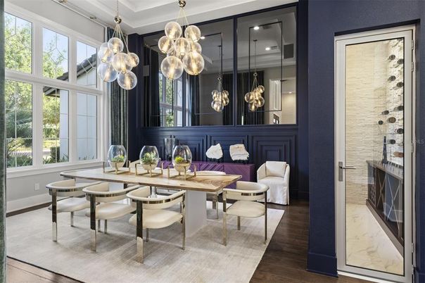 Dining room, Interior, Pendant Lights, Wood Texture Flooring