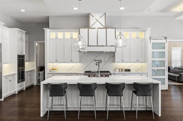 Interior, Kitchen, Marble Walls, Pendant Lights, Recessed Lighting, Stainless Steel Appliances, Wood Texture Flooring