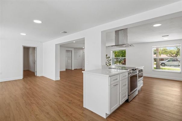 Interior, Kitchen, Recessed Lighting, Stainless Steel Appliances, Wood Texture Flooring