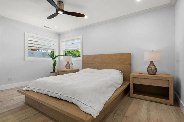 Bedroom, Interior, Recessed Lighting, Wood Texture Flooring