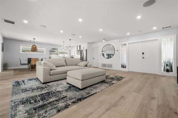 Dining room, Interior, Kitchen, Living room, Pendant Lights, Recessed Lighting, Stainless Steel Appliances, Wood Texture Flooring