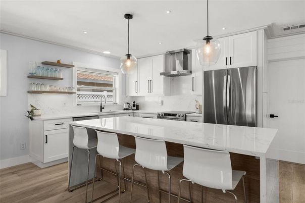 Interior, Kitchen, Pendant Lights, Recessed Lighting, Stainless Steel Appliances, Wood Texture Flooring