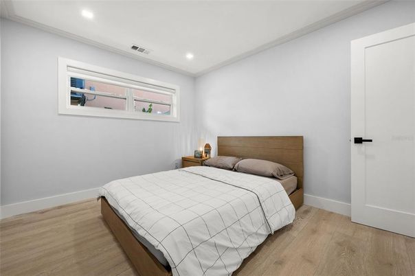 Bedroom, Interior, Recessed Lighting, Wood Texture Flooring