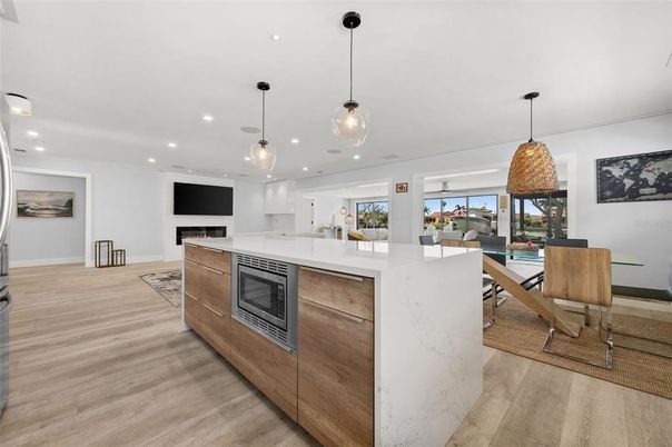 Dining room, Interior, Kitchen, Pendant Lights, Recessed Lighting, Water, Wood Texture Flooring