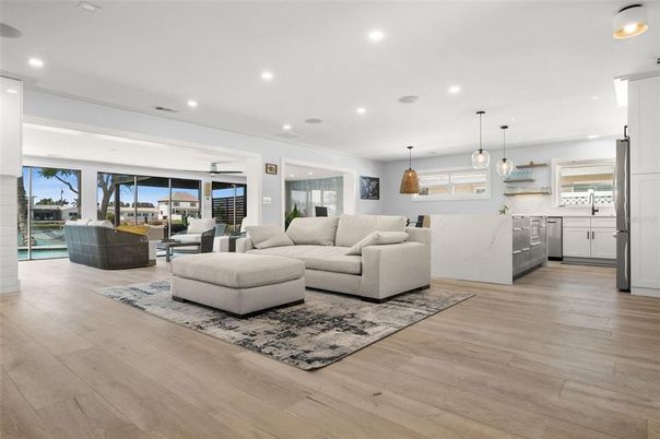 Interior, Kitchen, Living room, Pendant Lights, Recessed Lighting, Wood Texture Flooring
