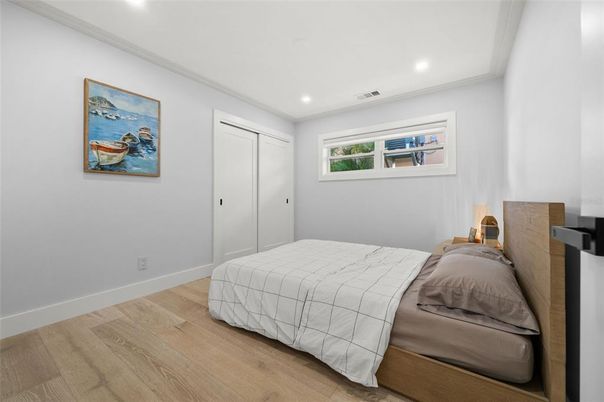 Bedroom, Interior, Recessed Lighting, Wood Texture Flooring