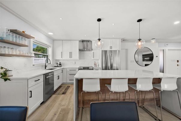 Interior, Kitchen, Pendant Lights, Recessed Lighting, Stainless Steel Appliances, Wood Texture Flooring