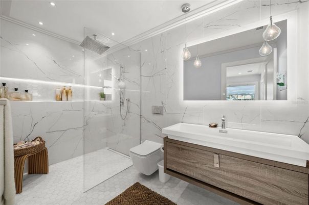 Bathroom, Glass Shower, Interior, Marble Walls, Pendant Lights, Recessed Lighting